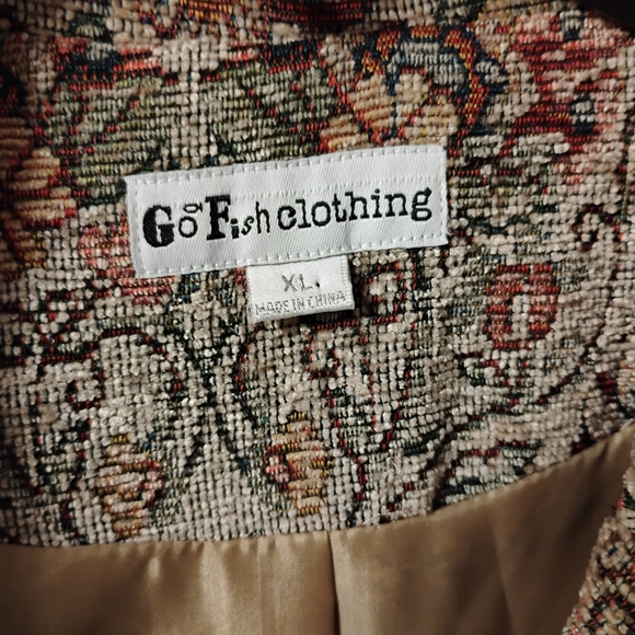 Go Fish Clothing Tan Earth Tone Floral Tapestry Blazer Size XL - Picture 8 of 11